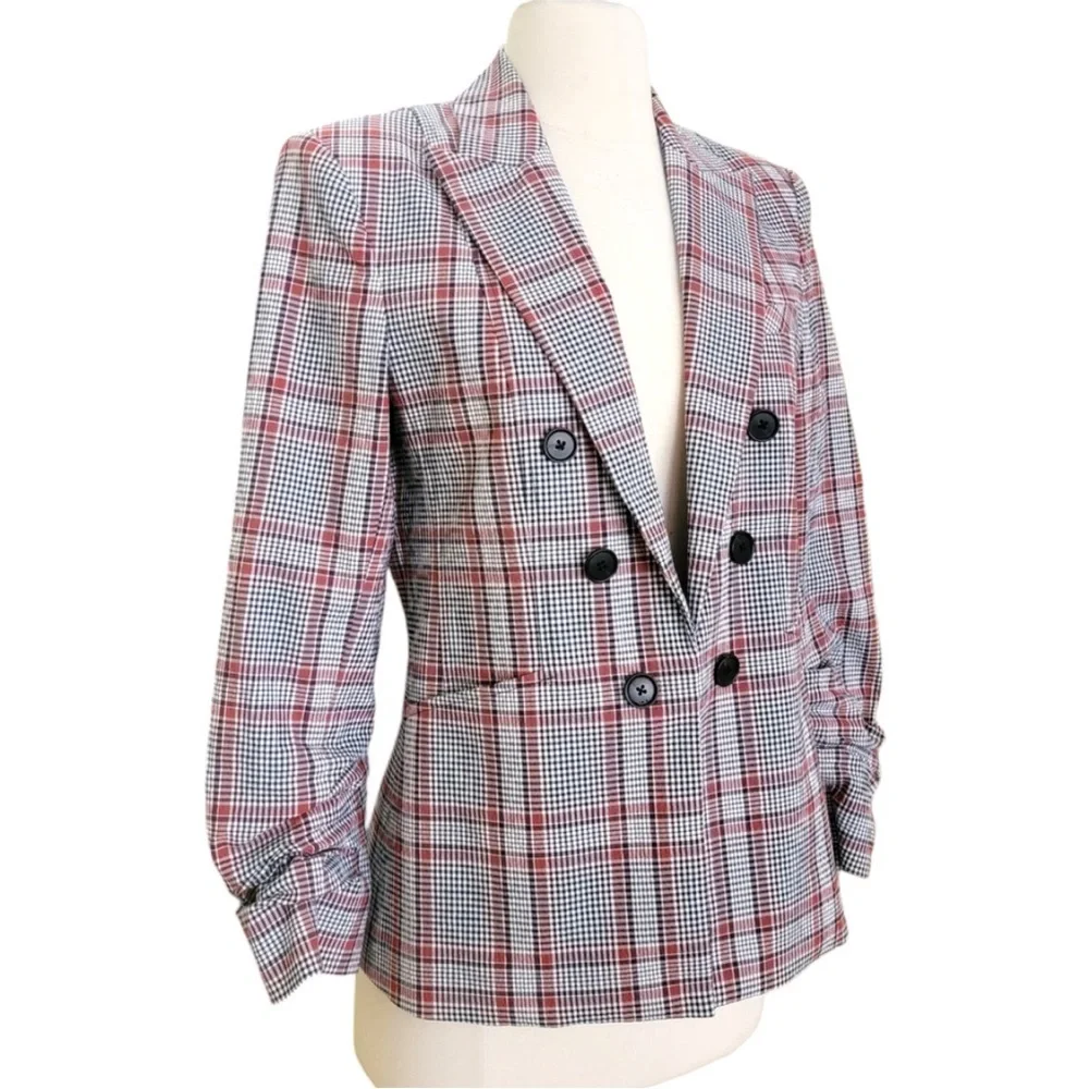 $650 Veronica Beard Plaid Caldwell Dickey Blazer Red Gray Navy Jacket Cotton 8 - Picture 7 of 14